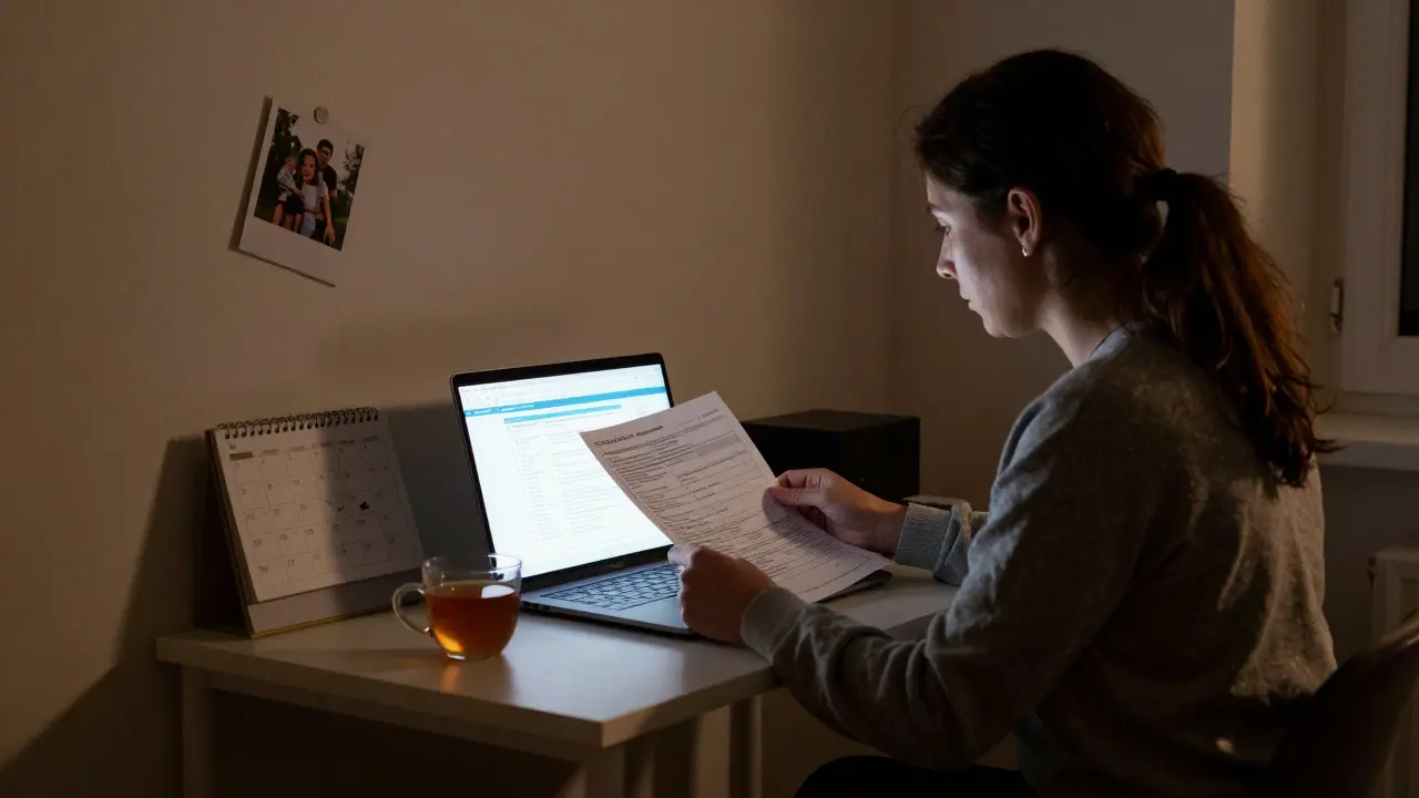 A woman works at a small desk in a modest apartment, reviewing bookings and tax papers under laptop light.