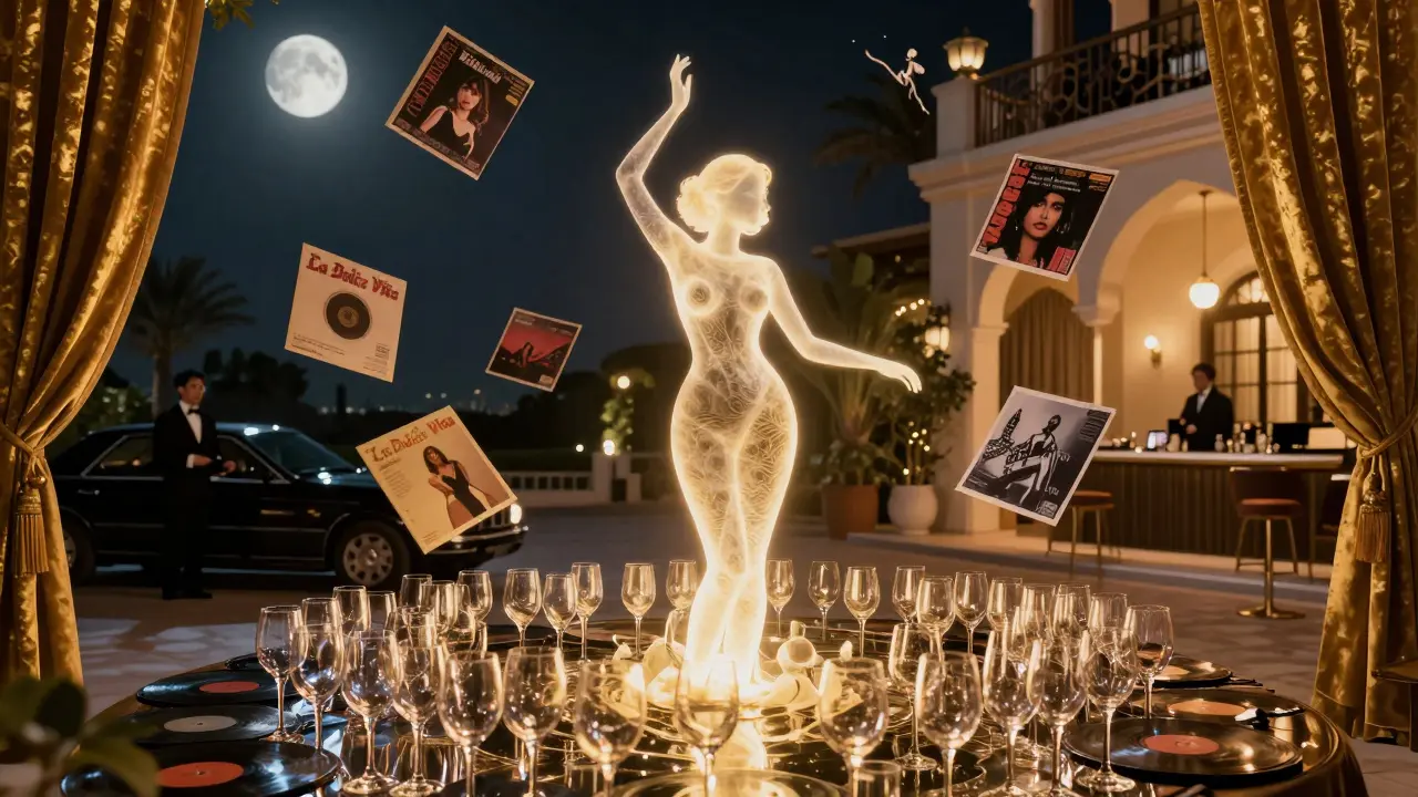 Abstract female figure surrounded by wine glasses and jazz records in an elegant lounge setting.