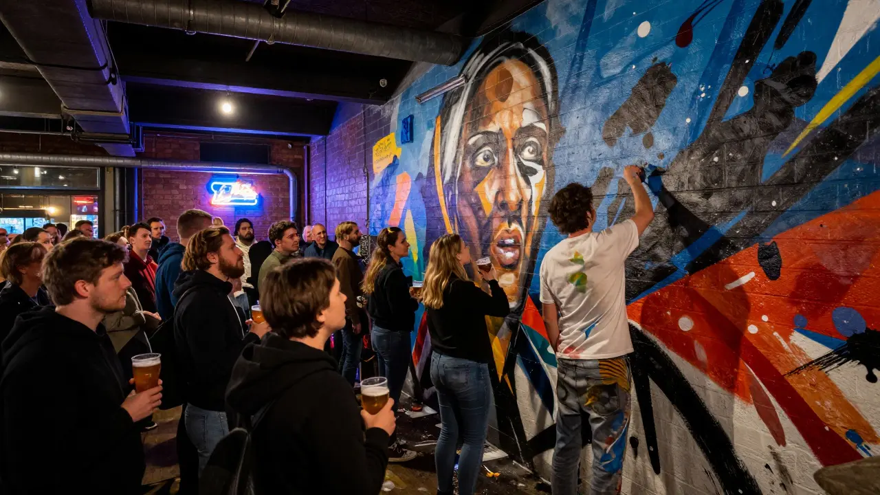 An artist painting a large mural live on a brick wall at The Old Blue Last, crowd watching quietly with drinks in hand.