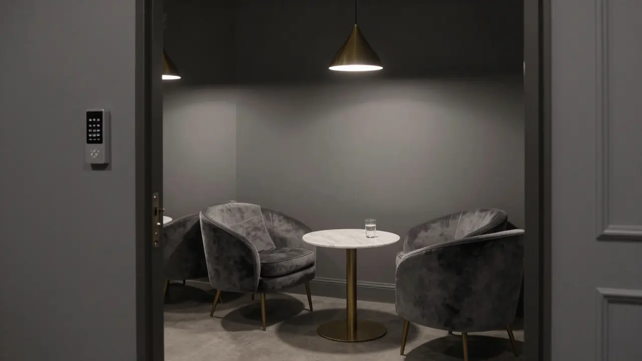 An empty, elegantly lit hotel lounge with a keycard reader visible, suggesting discretion and safety.