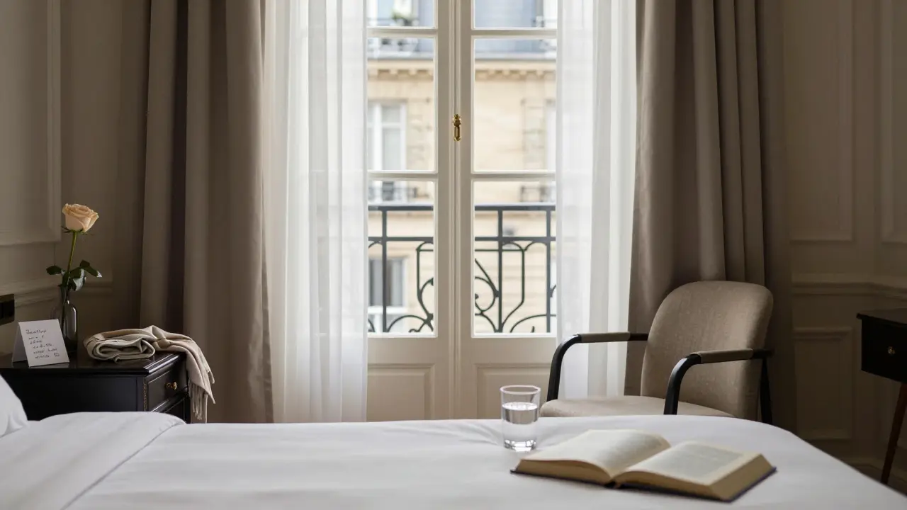 An empty hotel room in Paris with morning light and a rose on the nightstand, suggesting a respectful encounter.
