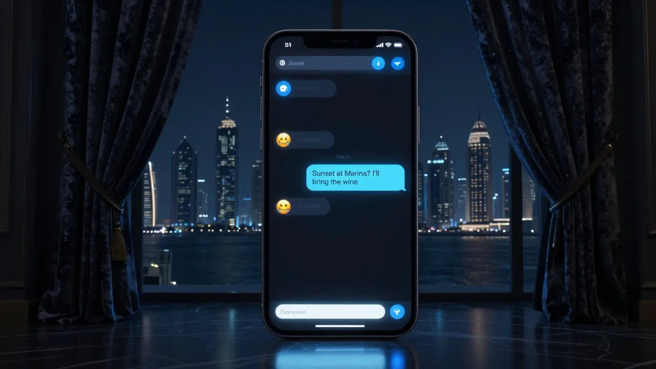 An encrypted message on a smartphone in a high-end apartment, hinting at a planned evening by the marina.