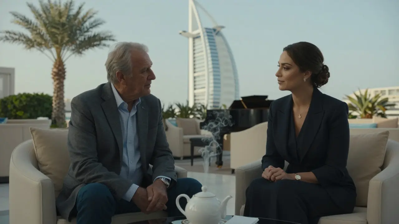 An older man and a poised woman share afternoon tea in a luxurious hotel lounge, no physical contact.