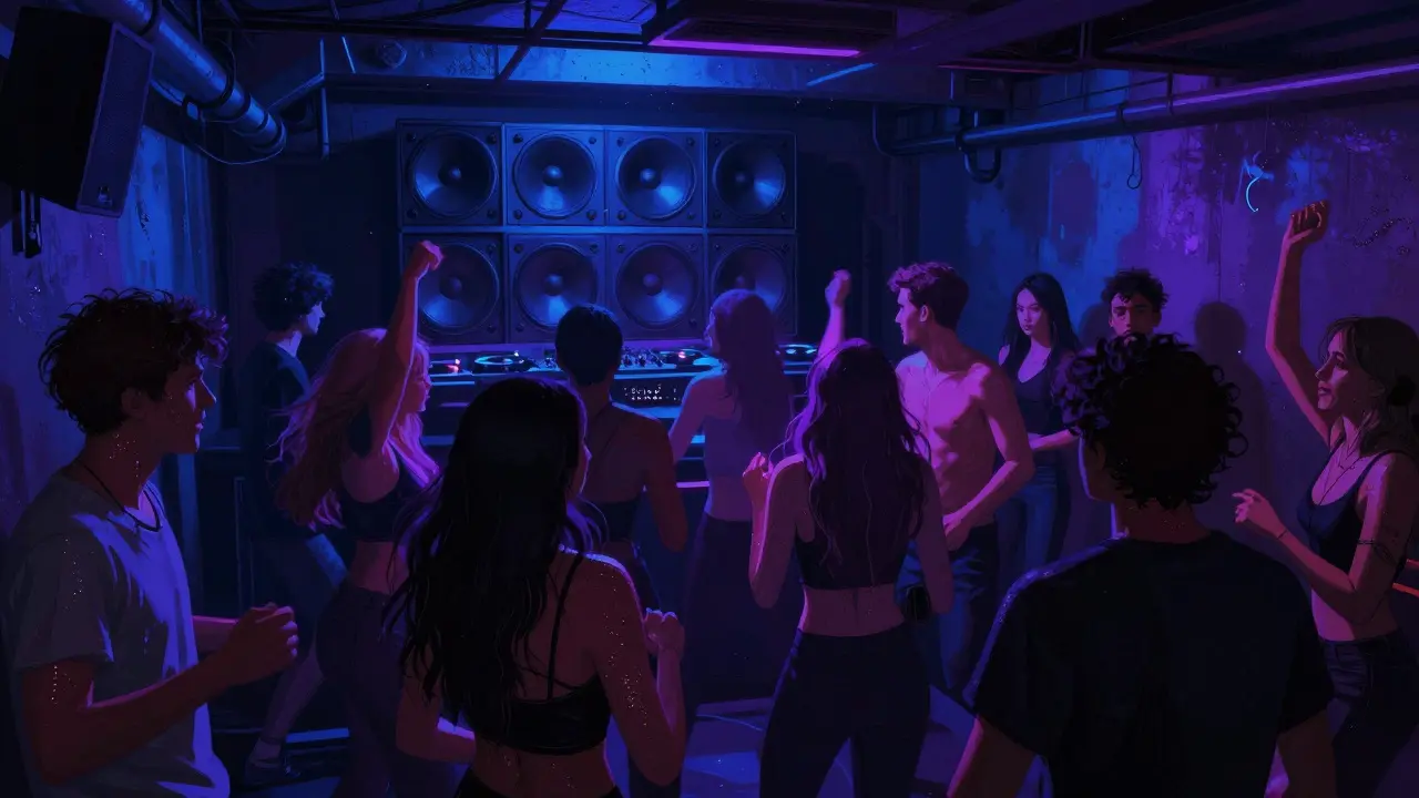 An underground dance floor with strobing lights and energetic crowds moving to music.