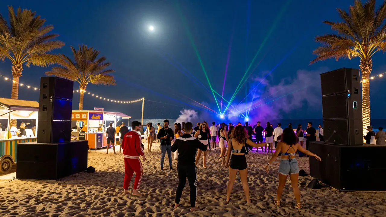 Beach rave at night with dancing crowd, sound systems, and ocean backdrop