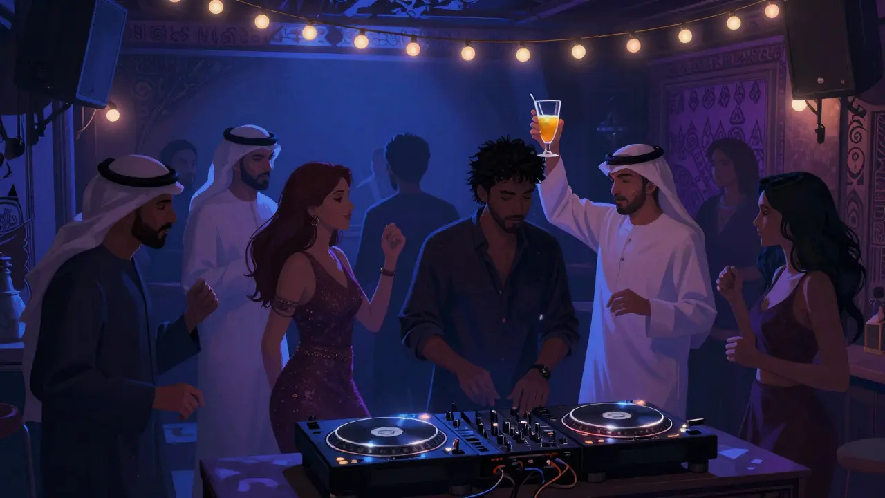 Diverse crowd dancing in a dimly lit underground club with Arabic beats and fairy lights.