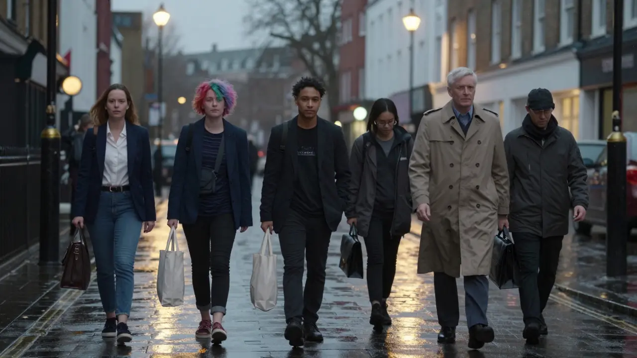 Diverse individuals walk alone through rainy London streets at dusk, each carrying personal belongings, exuding calm autonomy.