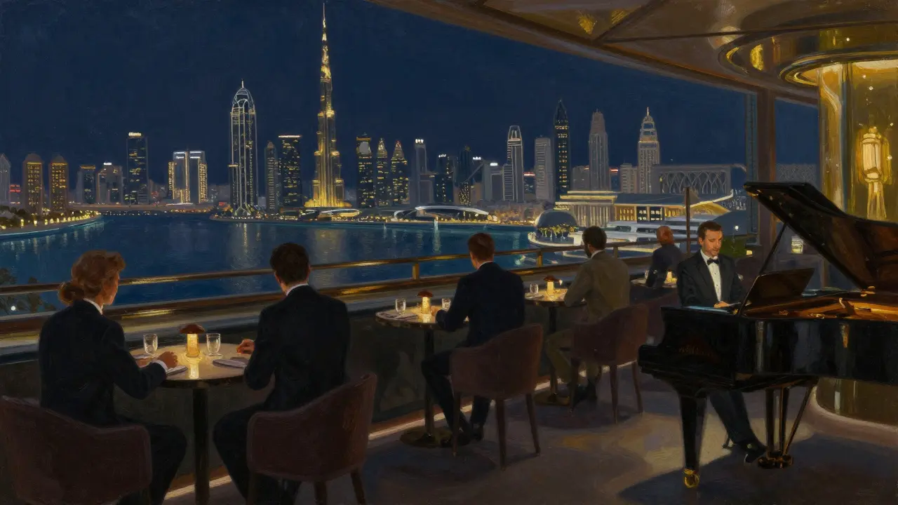Elegant rooftop bar with jazz piano and city skyline in Abu Dhabi.