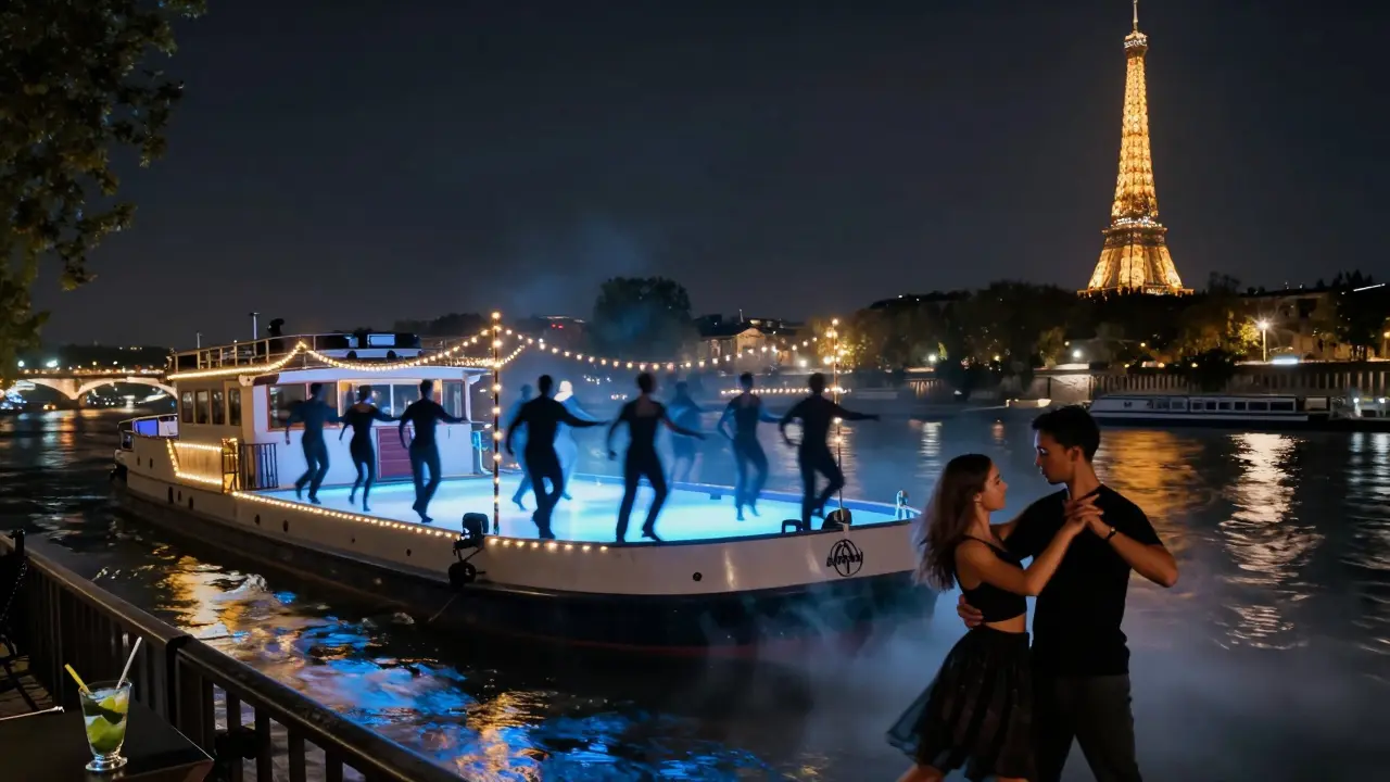 Floating salsa venue on the Seine with Eiffel Tower reflection and silhouetted dancers at night.