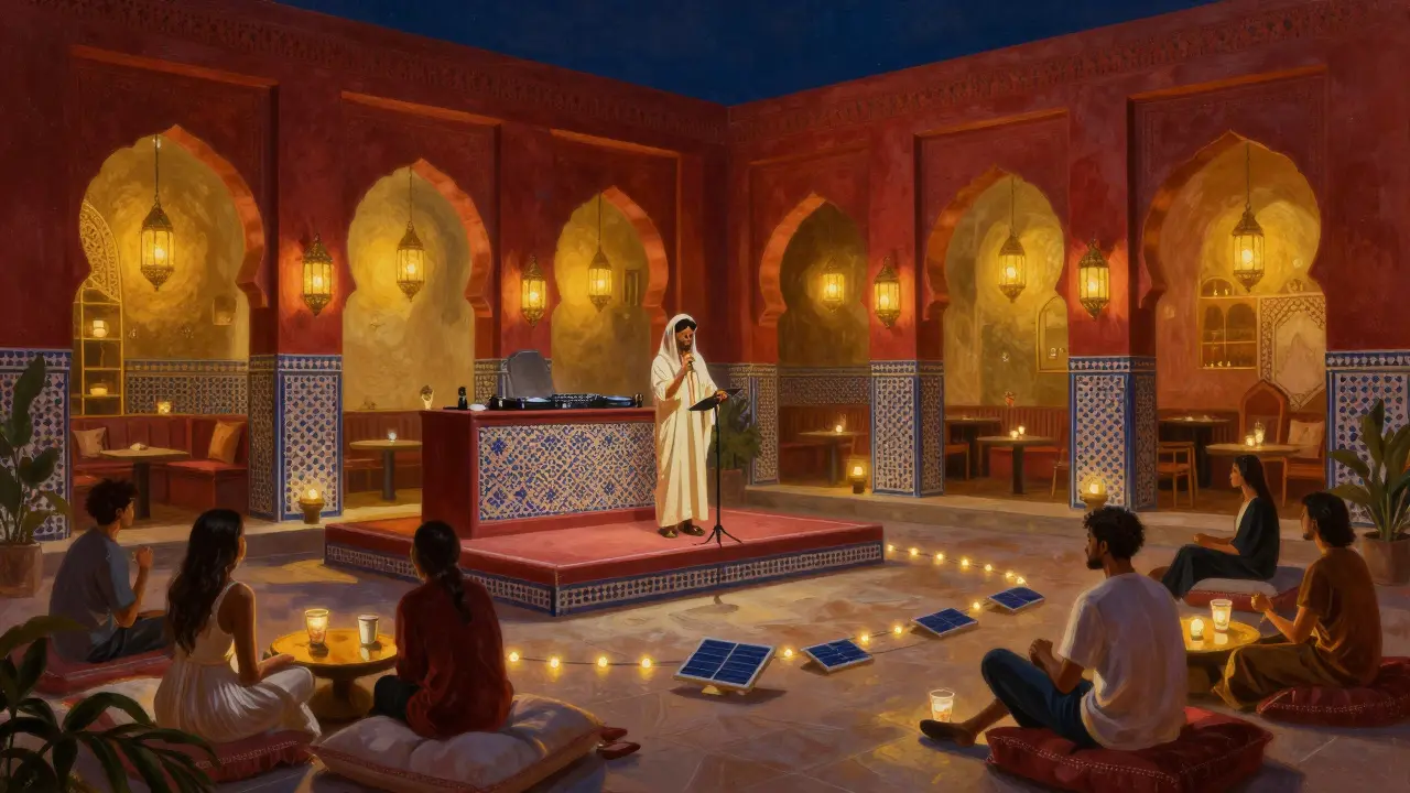 Futuristic lounge blending Moroccan decor with Arabic poetry and electronic music under warm lantern lighting.