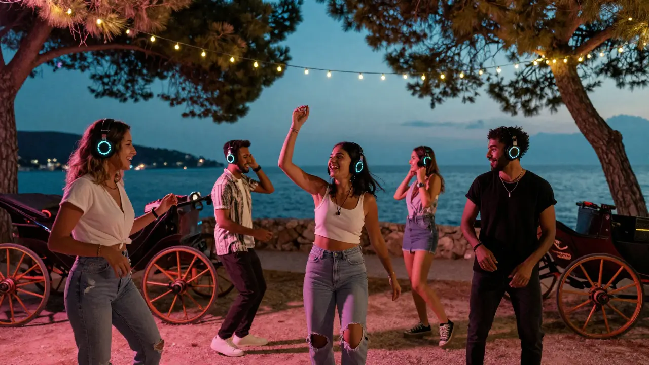 Group dancing at a silent disco on an island under fairy lights and pine trees at midnight.