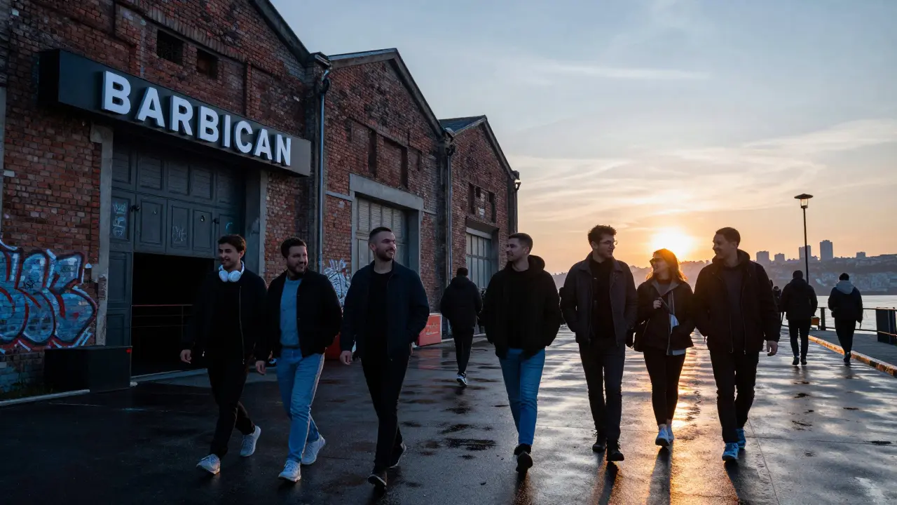 Group of friends walking away from a club at dawn as the sun rises over the Bosphorus.