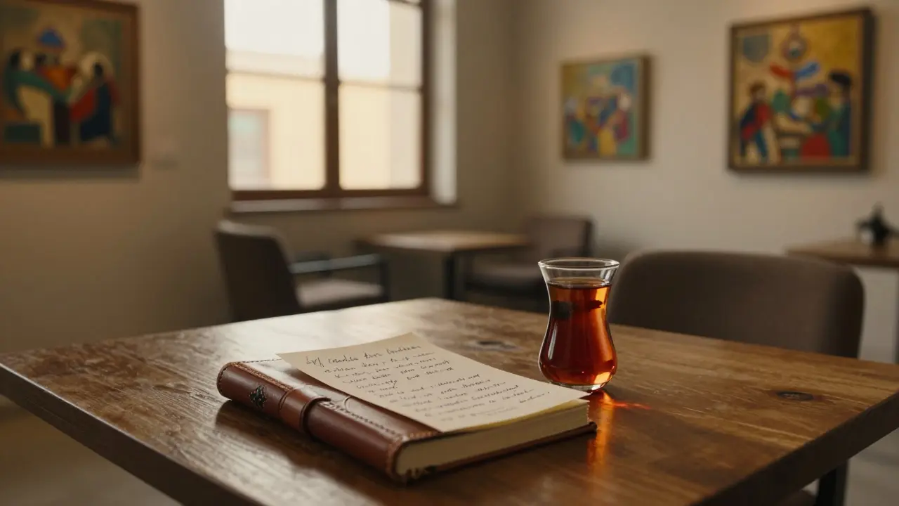 Handwritten note and tea beside a book in a quiet art gallery lounge.