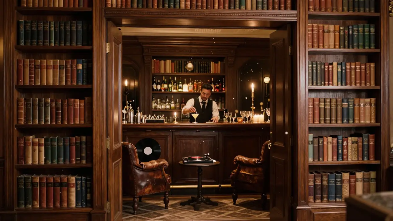 Hidden library bar with vintage vinyl and candlelit cocktails in Emirates Palace.