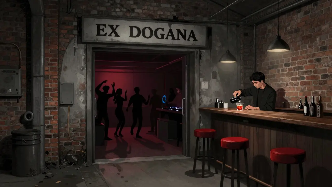 Hidden underground club Ex Dogana with dim lighting, dancers silhouetted inside, industrial warehouse setting.