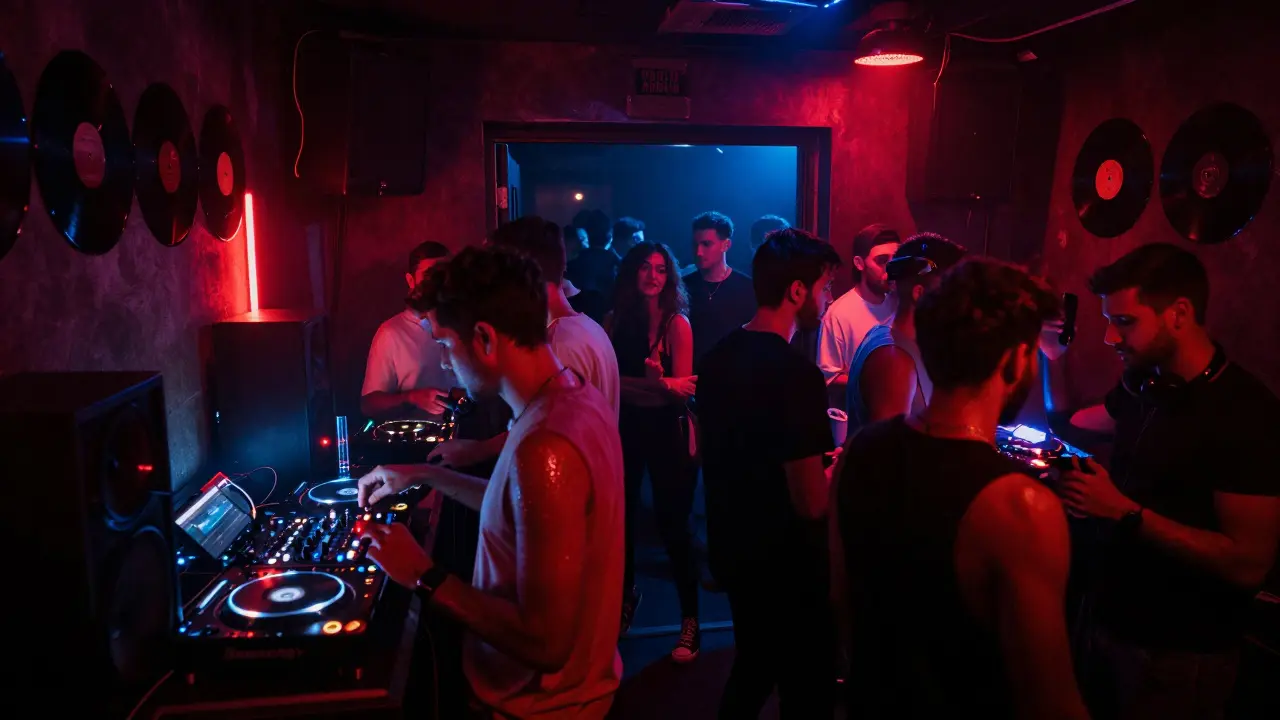 Hidden underground club with intense lighting and immersive music scene