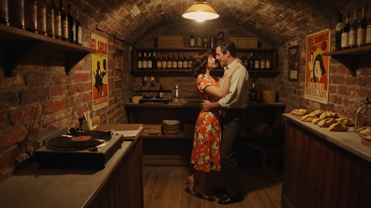 Intimate basement salsa night at El Sabor with vinyl record and couples dancing in dim golden light.