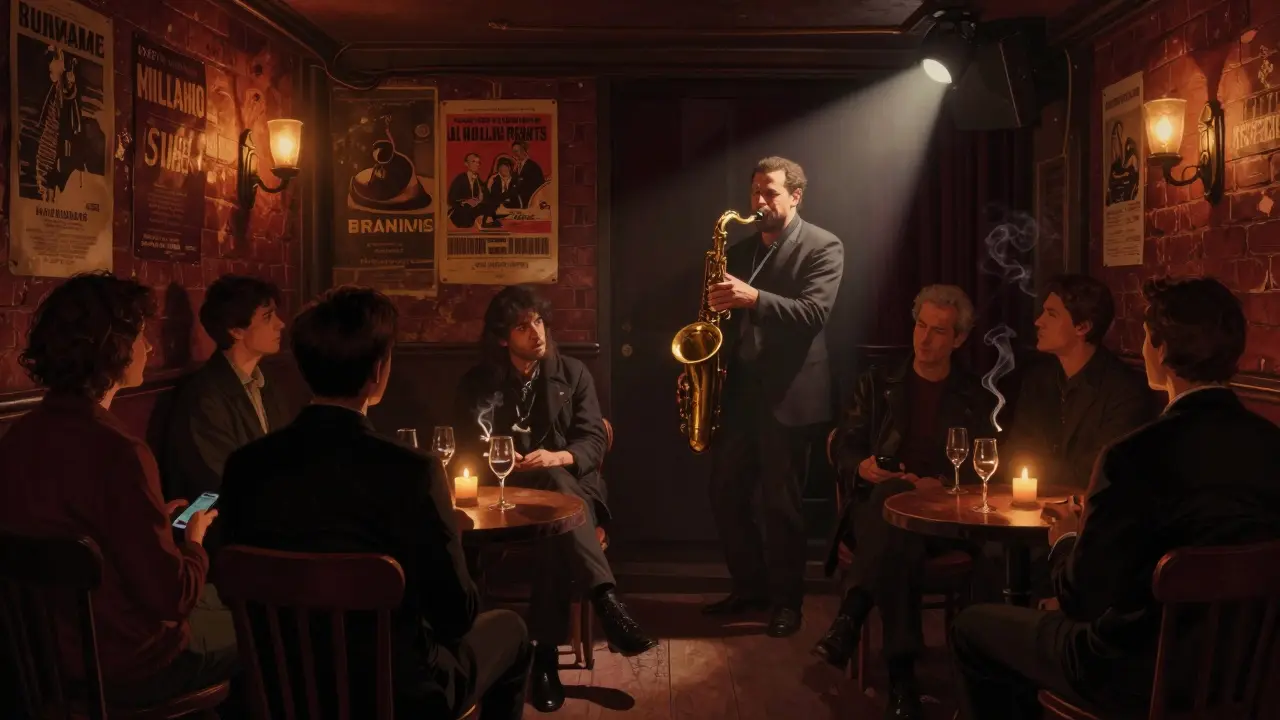 Intimate jazz club basement with saxophonist playing under a spotlight, patrons listening quietly in dim candlelight.