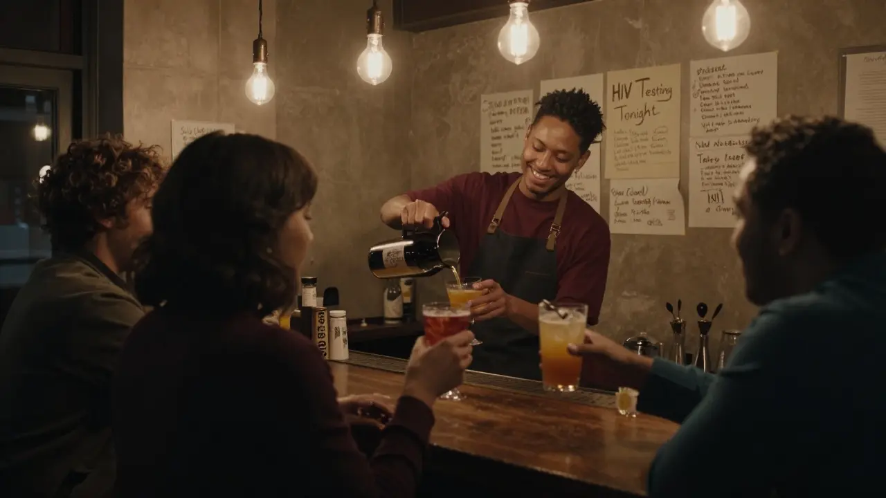 Intimate scene at Stag Bar in Camden with a trans bartender serving drinks and community members smiling together.