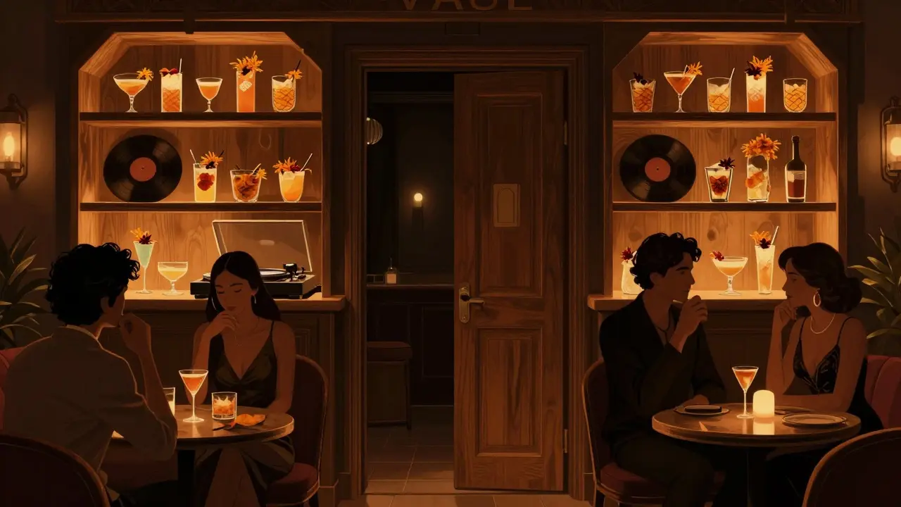 Intimate speakeasy interior with dim lighting, jazz records, and date cocktails served in elegant glasses.