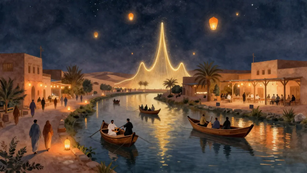 Lantern-lit canal at night with traditional boats and glowing sound waves under a starry sky.