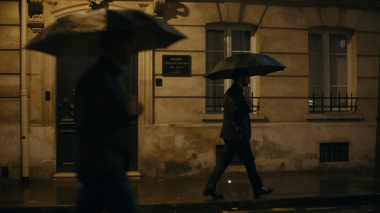Man walking under Paris rain toward a discreet apartment entrance at night.