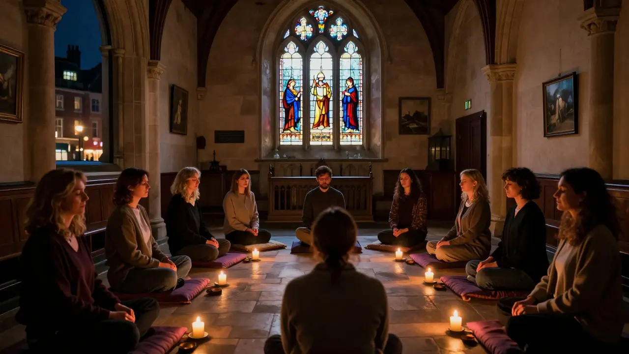 Midnight meditation circle in a candlelit chapel with stained glass and peaceful attendees.