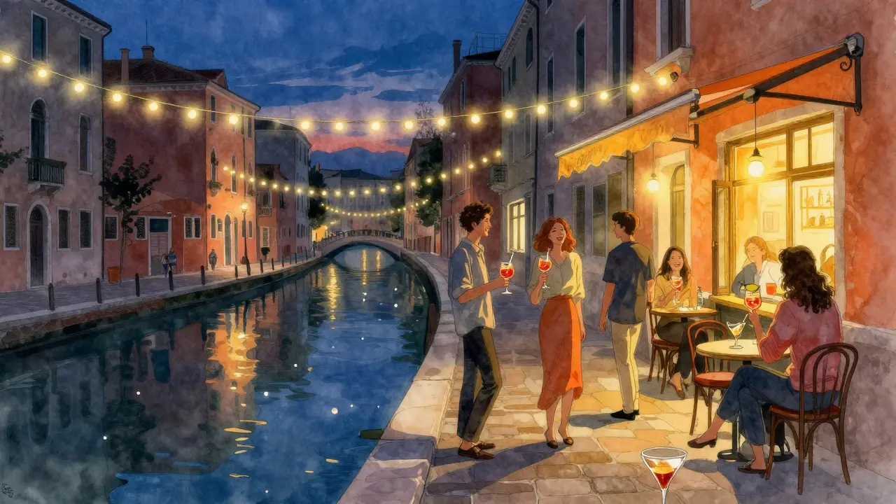 Navigli canal at midnight with string lights reflecting on water and friends enjoying Aperol spritzes.