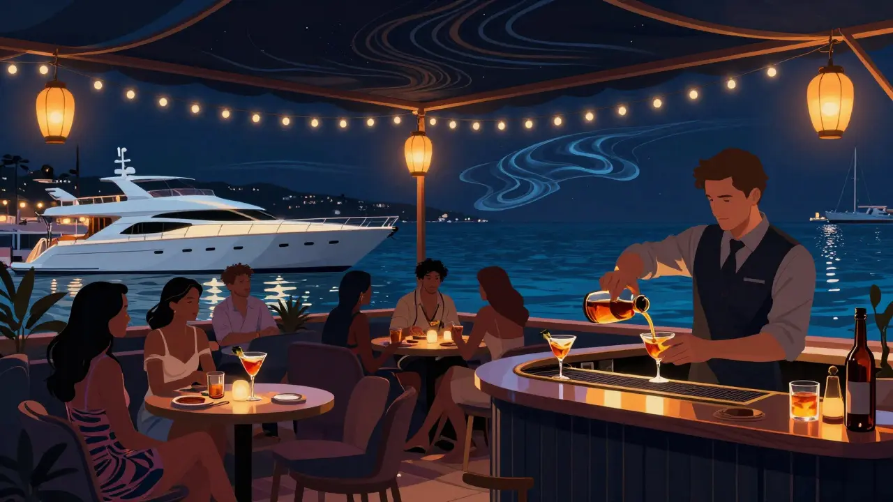 Nightclub L’Aeronef by the marina, guests enjoying cocktails under lanterns with yachts glowing in the distance.