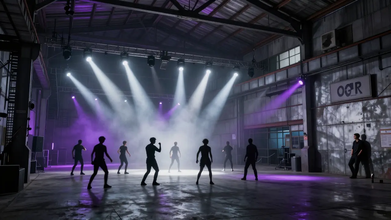 OGR club in Isola at night, industrial space filled with dancers under strobing lights and steel beams.