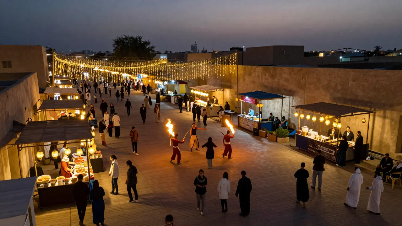Open-air night market with fire dancers, food stalls, and string lights against a city skyline.