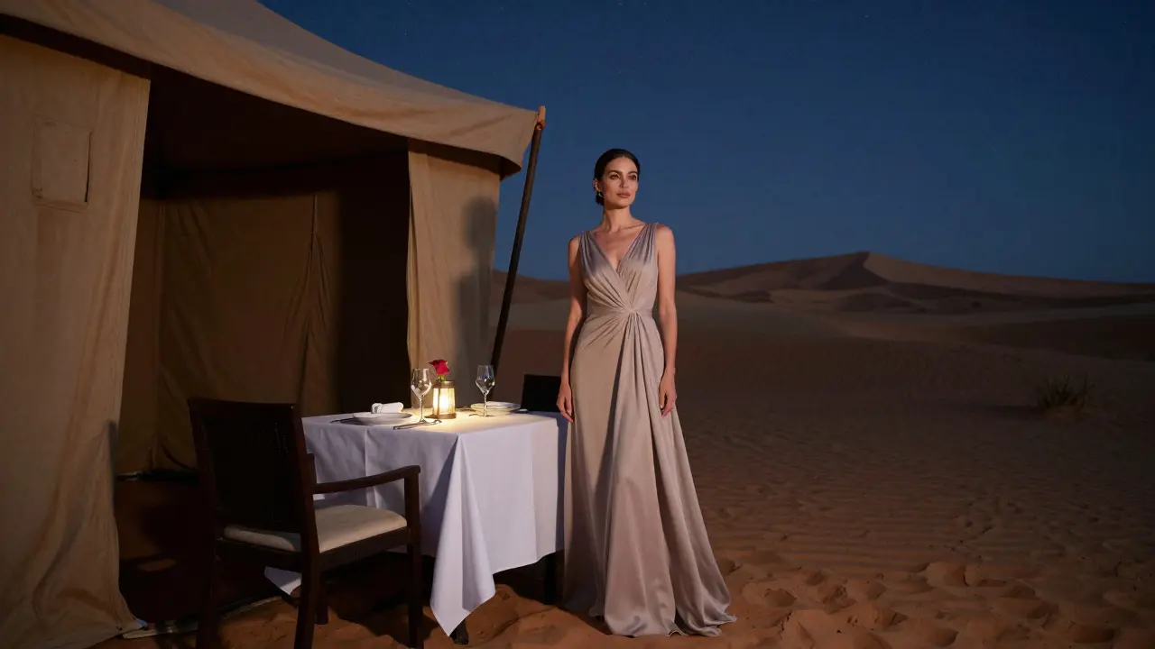 Private desert dining under stars at Al Maha Resort with elegant table setting.