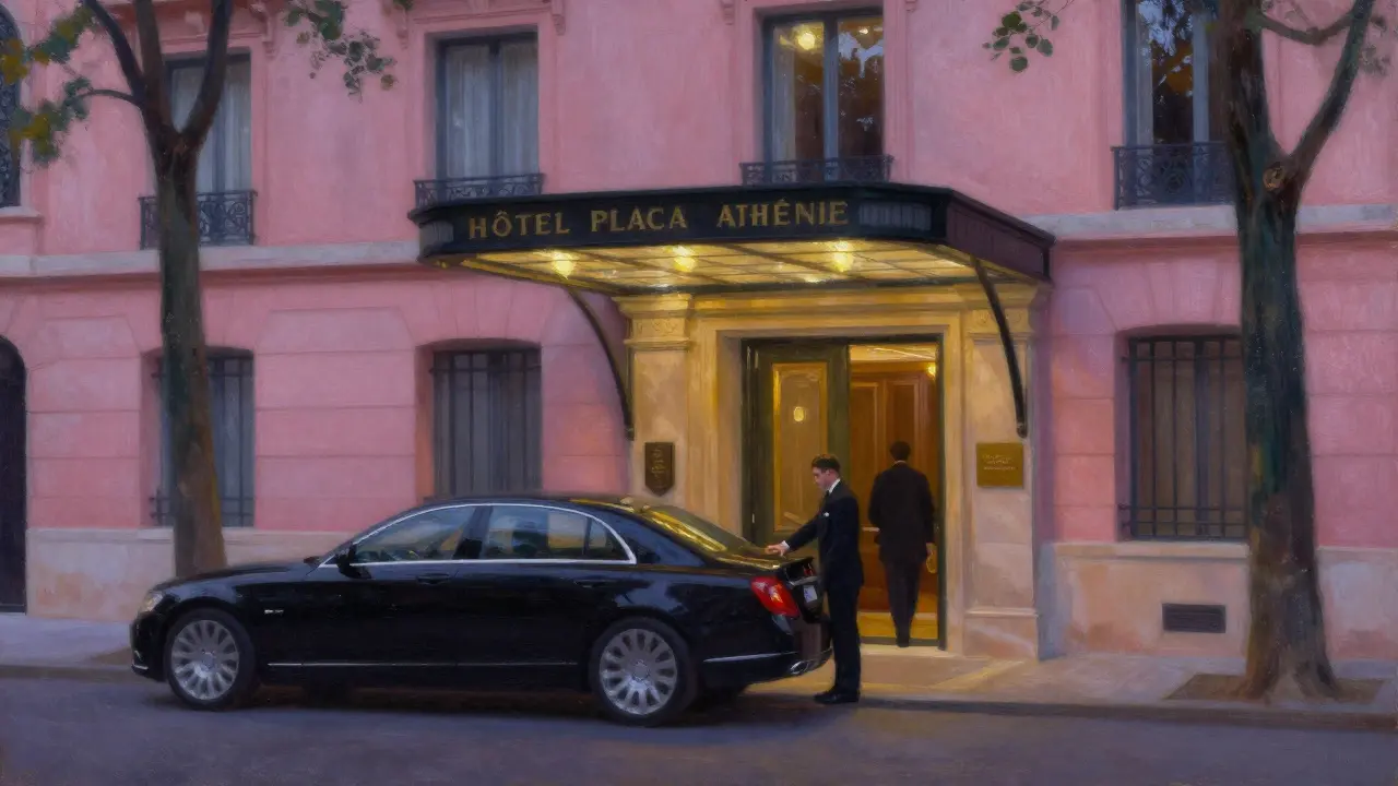 Private VIP entrance to a Parisian luxury hotel at twilight, with a car and valet in quiet anonymity.