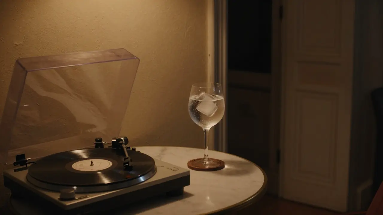 Quiet corner table at Le Blue with a gin and tonic, soft lighting, and a vinyl record spinning in the background.