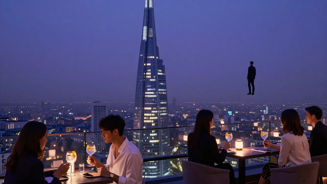 Rooftop bar overlooking Milan’s skyline at night, elegant guests holding cocktails, city lights glowing in the distance.
