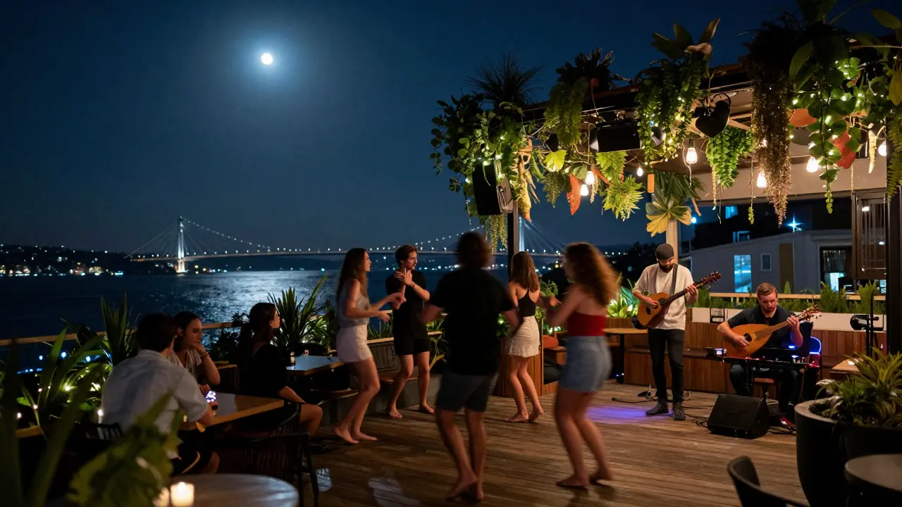 Rooftop nightclub in Istanbul under starry skies with live oud music and fairy lights.
