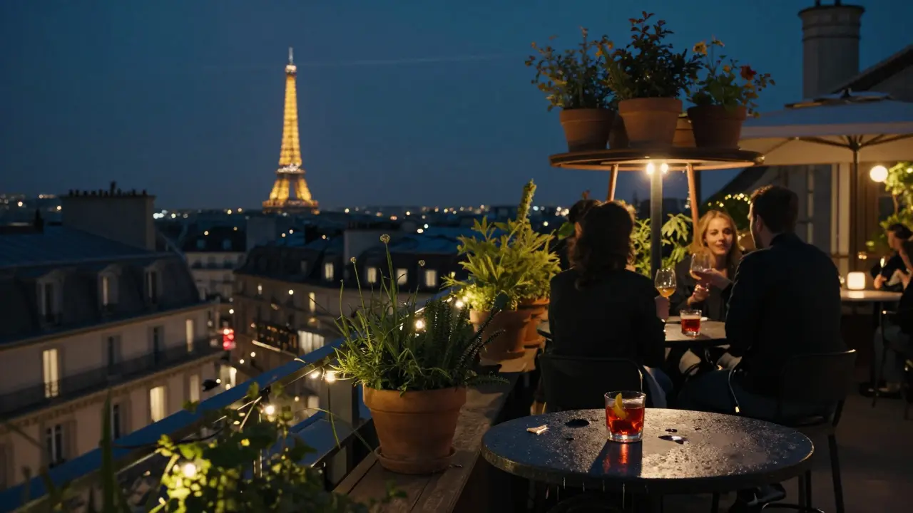 Rooftop terrace in Paris with guests enjoying cocktails under string lights, Eiffel Tower visible in the distance.