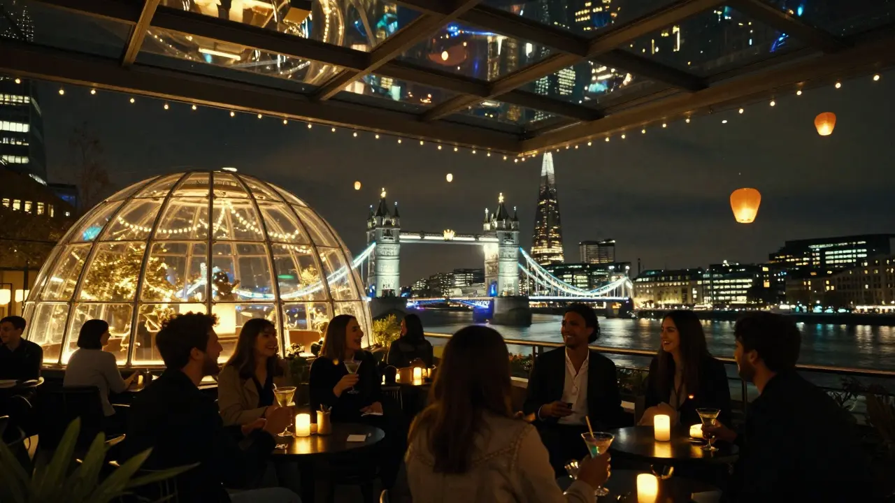 Rooftop venue with city skyline reflected in a glowing glass dome at night