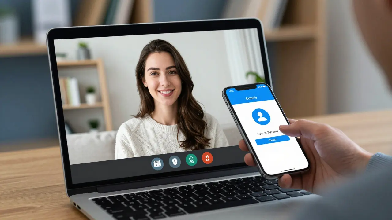 Secure video call between escort and client, showing trust and verification.