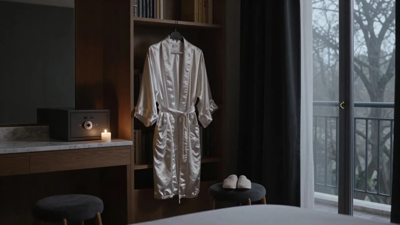 Serene bedroom with hidden safe and blackout curtains, symbolizing absolute privacy in a Parisian retreat.