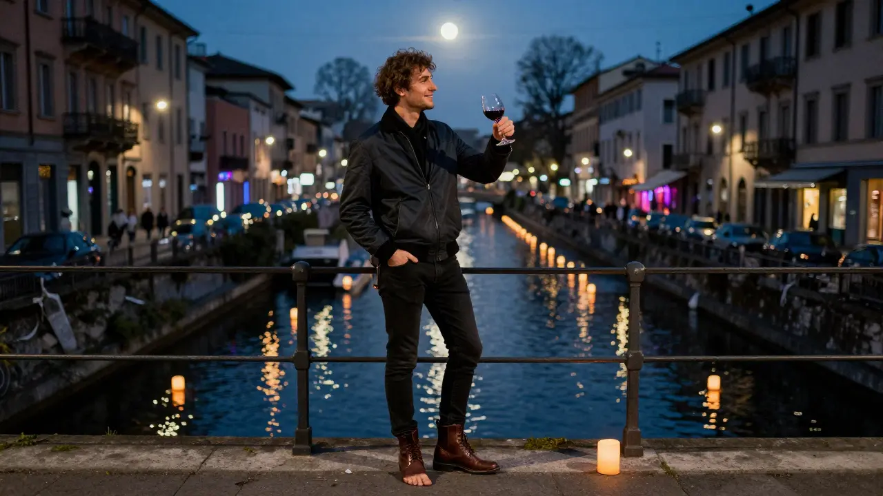 Solo traveler on a Milan canal bridge at night, phone away, sharing wine with a local under moonlight.