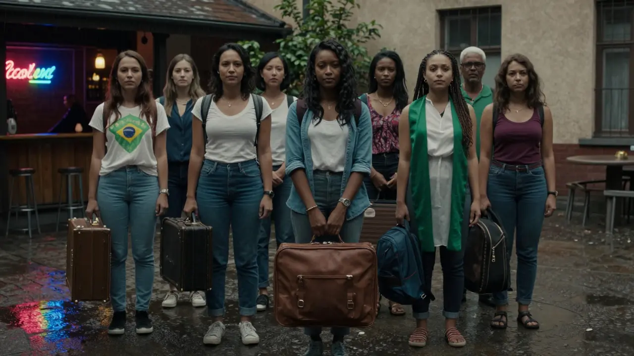Three international women stand together in a rainy Berlin courtyard, holding suitcases, expressions calm and resolute.
