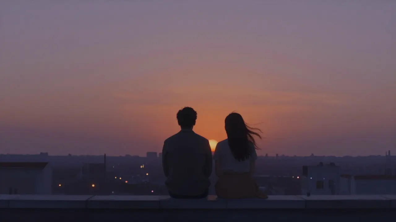 Two people sit in quiet silence on a rooftop at dusk, watching the sunset together, no words needed, city lights beginning to glow below.