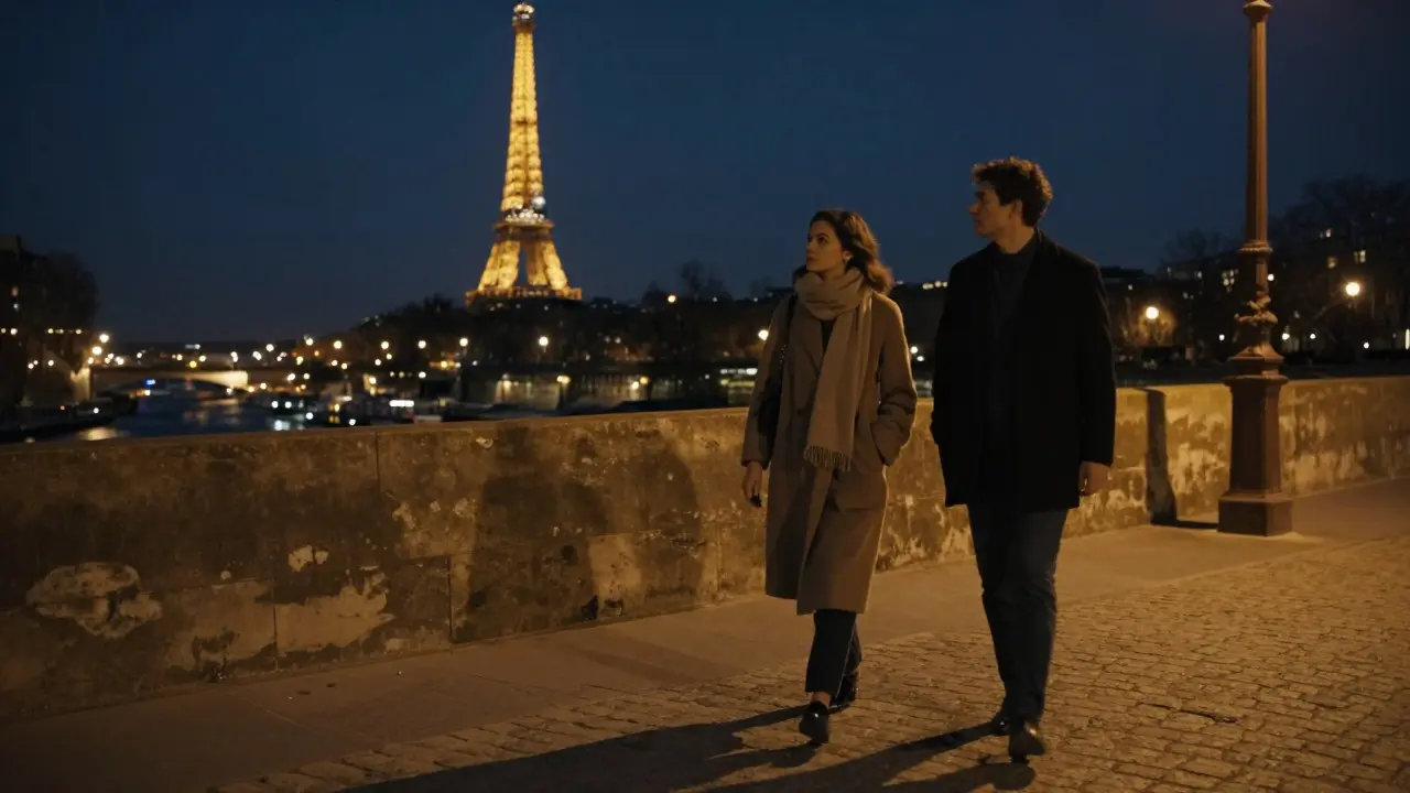 Two people walking peacefully along the Seine River at night with the Eiffel Tower in view.