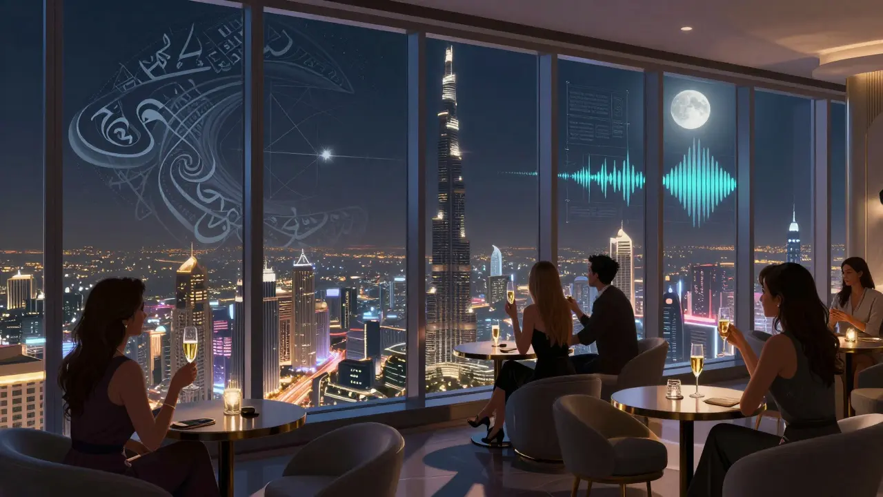 Upscale rooftop lounge on Burj Khalifa's 122nd floor with guests enjoying cocktails and panoramic city lights.