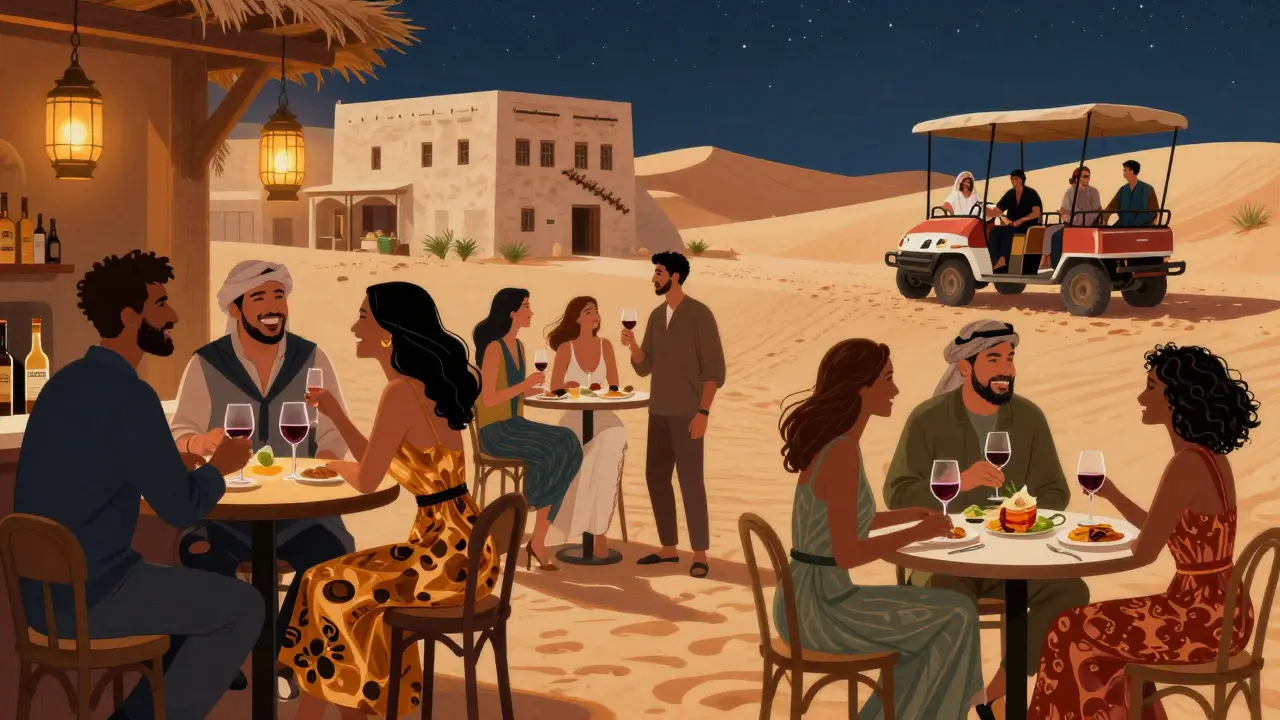 Vibrant social scene at a Dubai jazz bar and desert tour, people laughing and connecting under warm lights, no paid companionship involved.