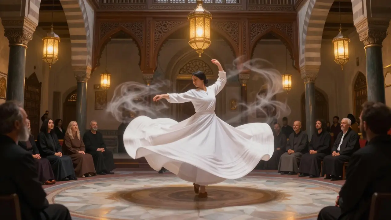 Whirling dervish in white robe spinning silently under golden lanterns in a historic lodge.