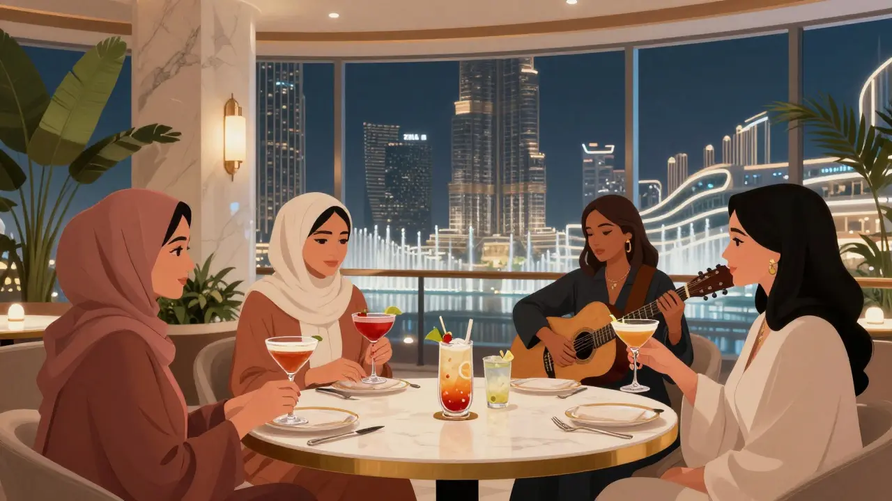 Women enjoying mocktails and live music on a high-rise lounge with Dubai Fountain below.