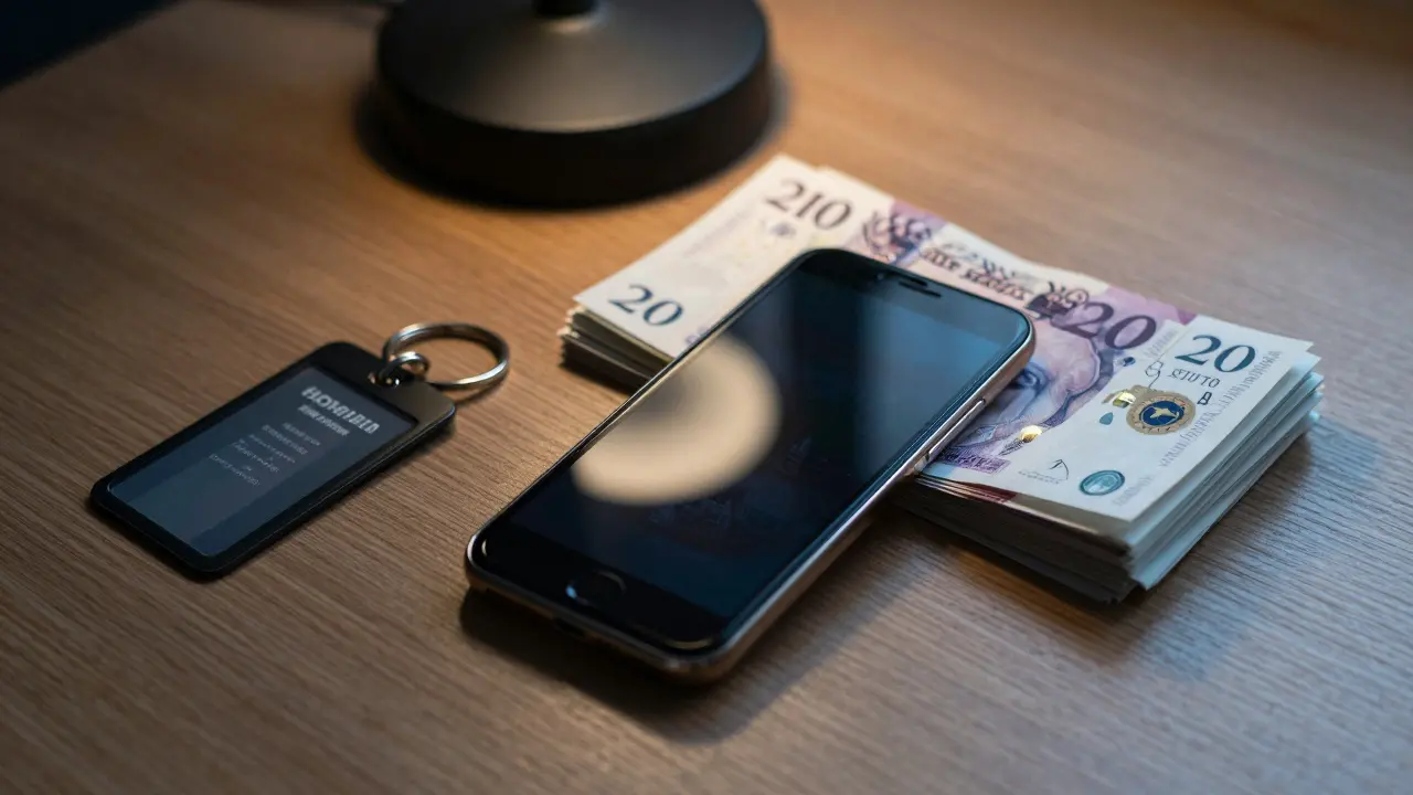 A burner phone and cash on a table, with a hotel keychain nearby, no faces shown.