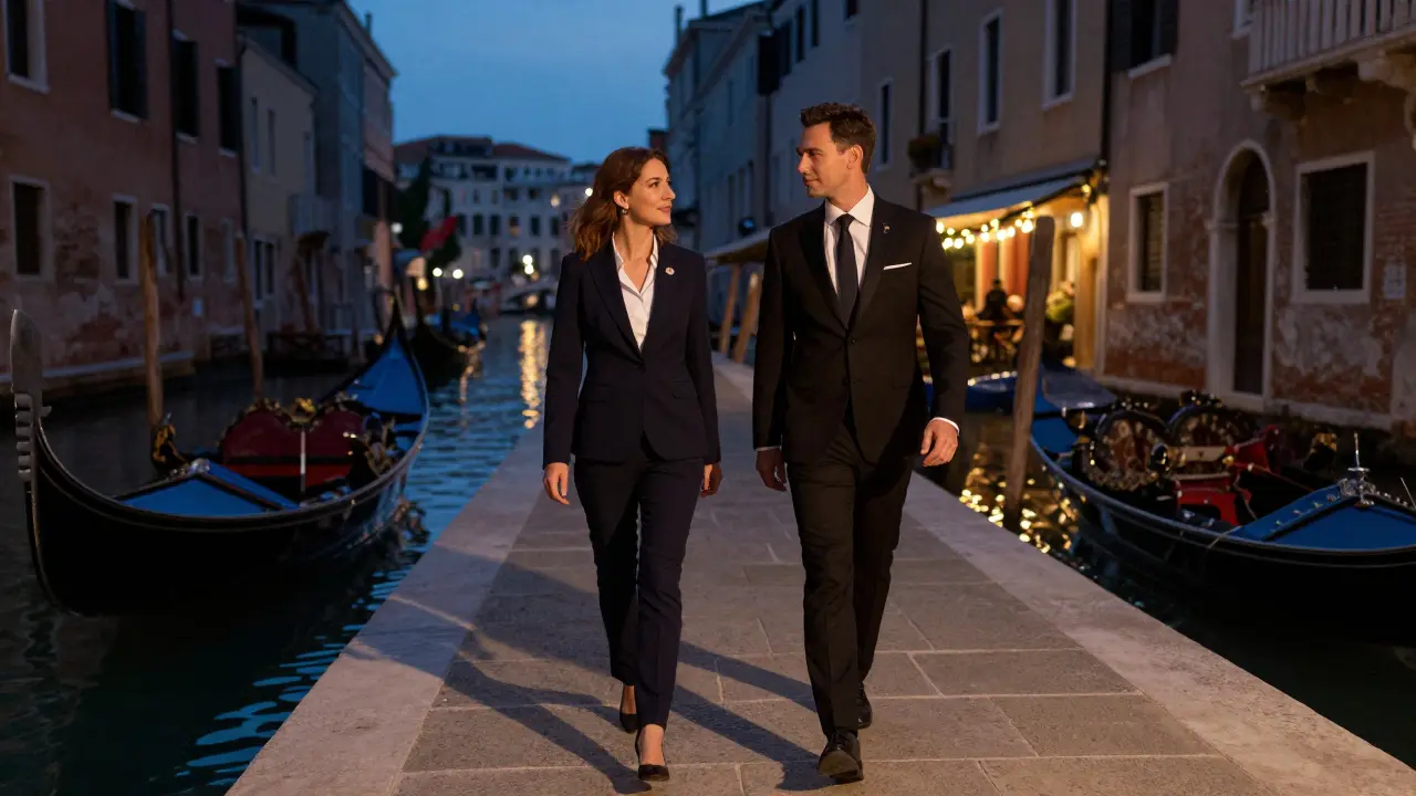 A client and escort walk along the Navigli canal at dusk, bathed in soft twilight light.